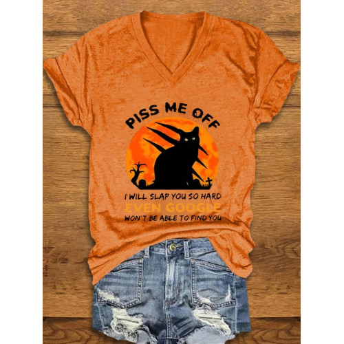 Halloween Piss Me Off Black Cat Print T Shirt
