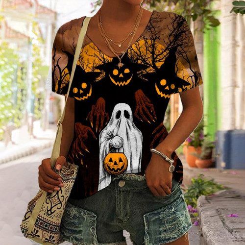 Halloween Print V Neck T-Shirt