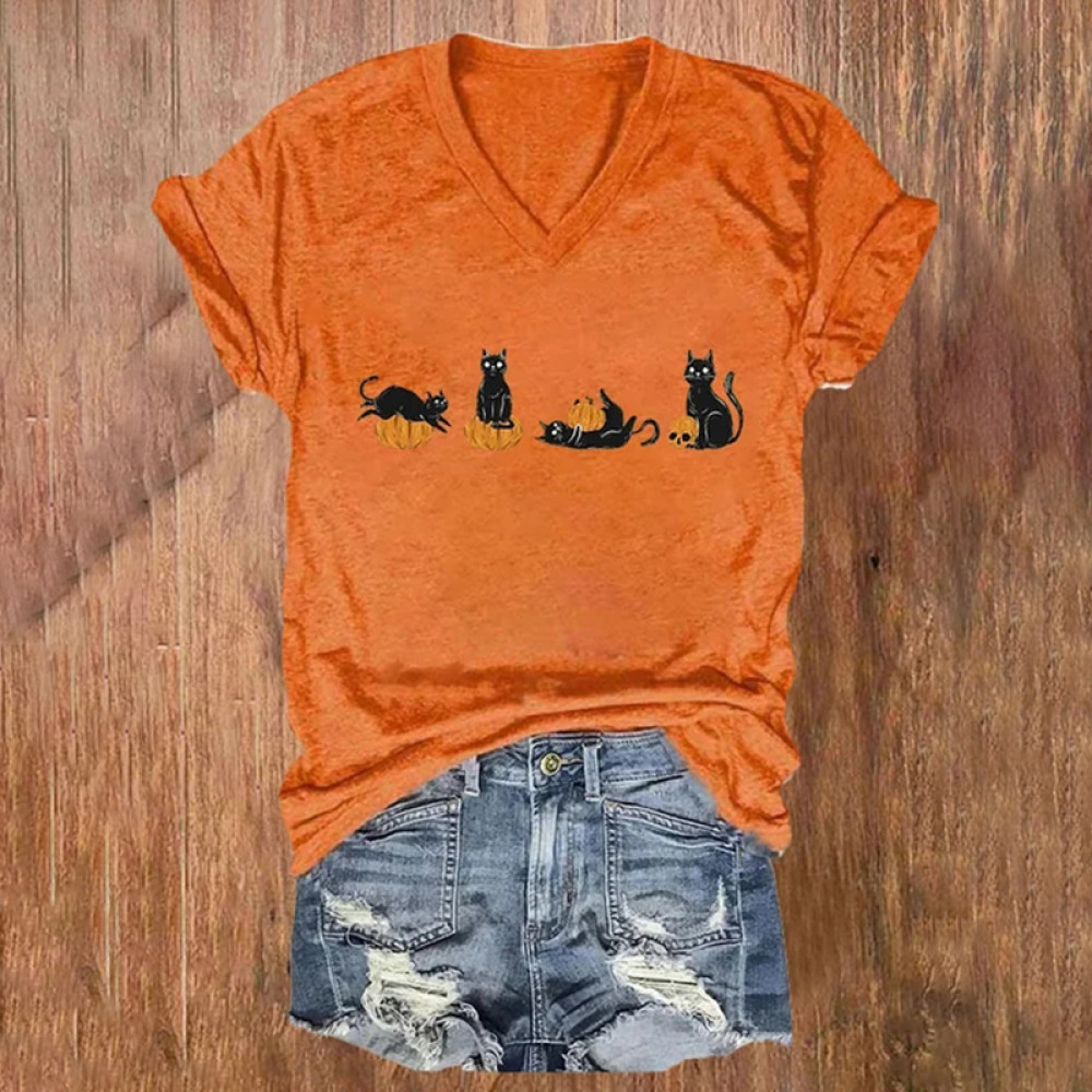 Halloween Pumpkin And Cats Printe Casual T-Shirt