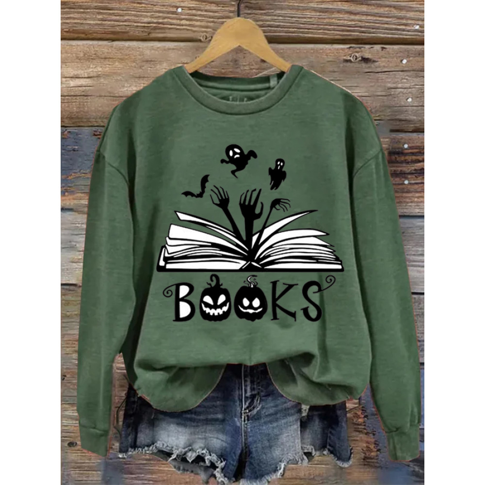Halloween Pumpkin Book Print Sweatshirt