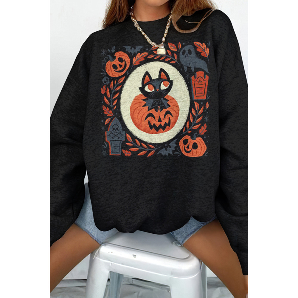 Halloween Pumpkin Cat Print Sweatshirt