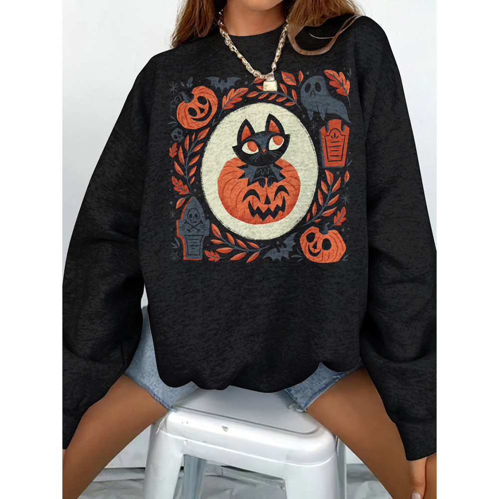 Halloween Pumpkin Cat Print Sweatshirt