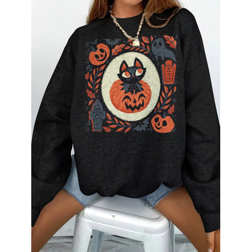 Halloween Pumpkin Cat Print Sweatshirt