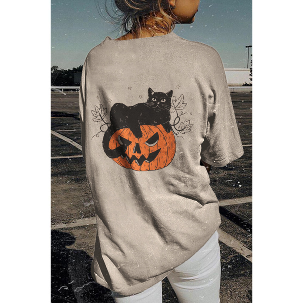 Halloween Pumpkin Cat Print T-Shirt