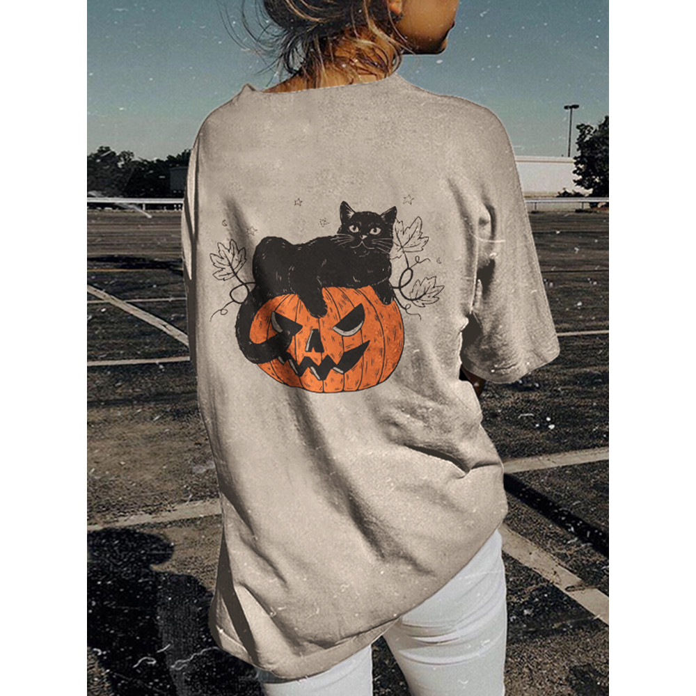 Halloween Pumpkin Cat Print T-Shirt