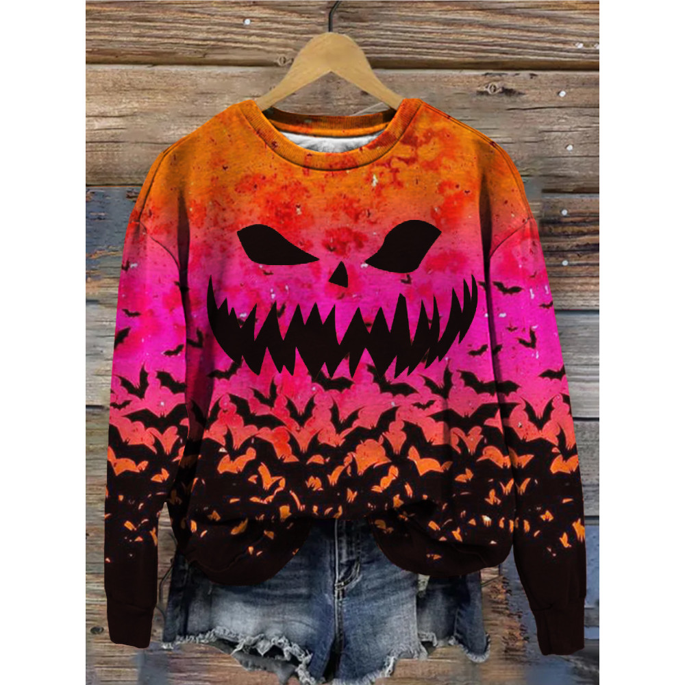Halloween Pumpkin Face And Bats Art Sweatshirt