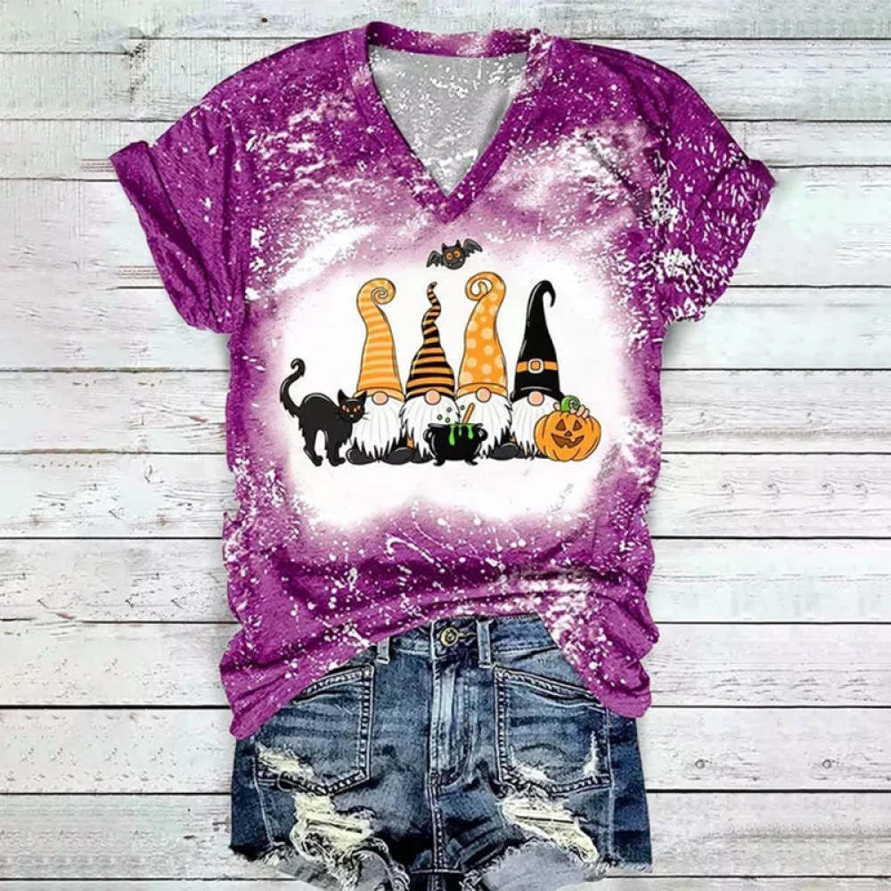 Halloween Pumpkin Face Bat Cat Gnomies Print T-Shirt