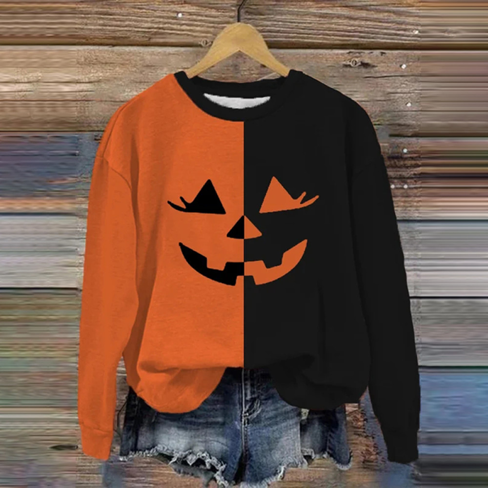 Halloween Pumpkin Face Contrast Print Casual Sweatshirt