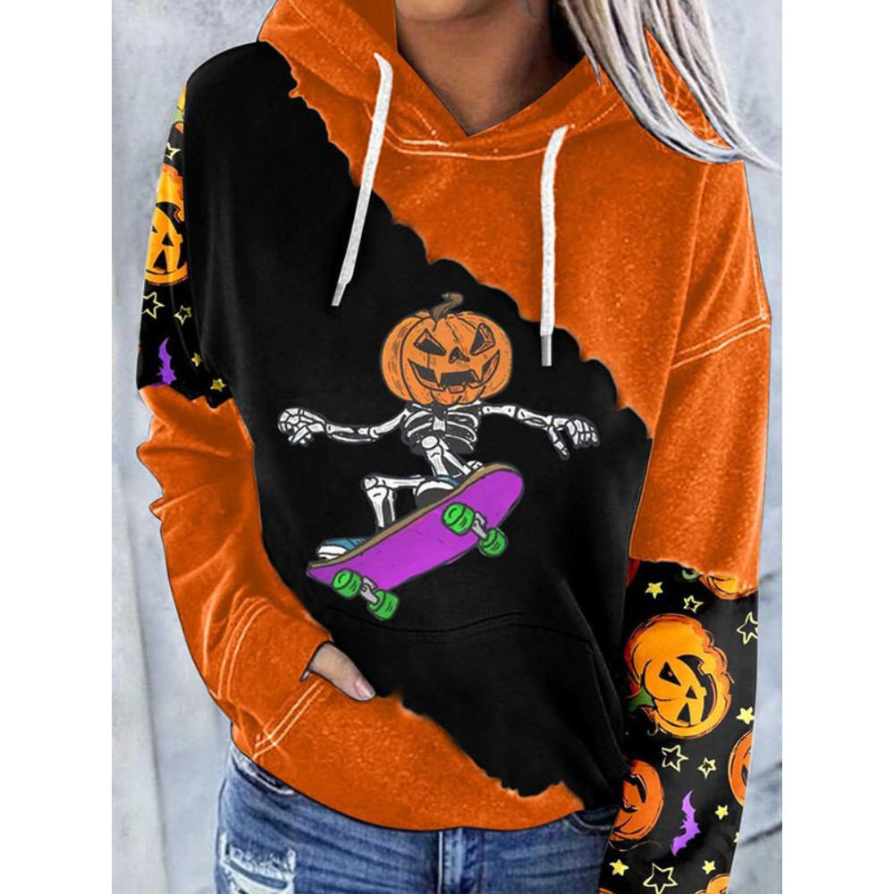 Halloween Pumpkin Face Print Long Sleeve Hoodie