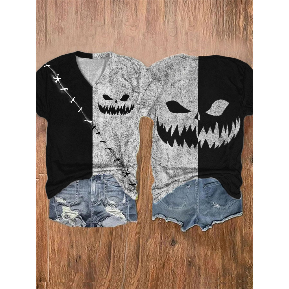 Halloween Pumpkin Face Stitched Contrast Color Washed T Shirt