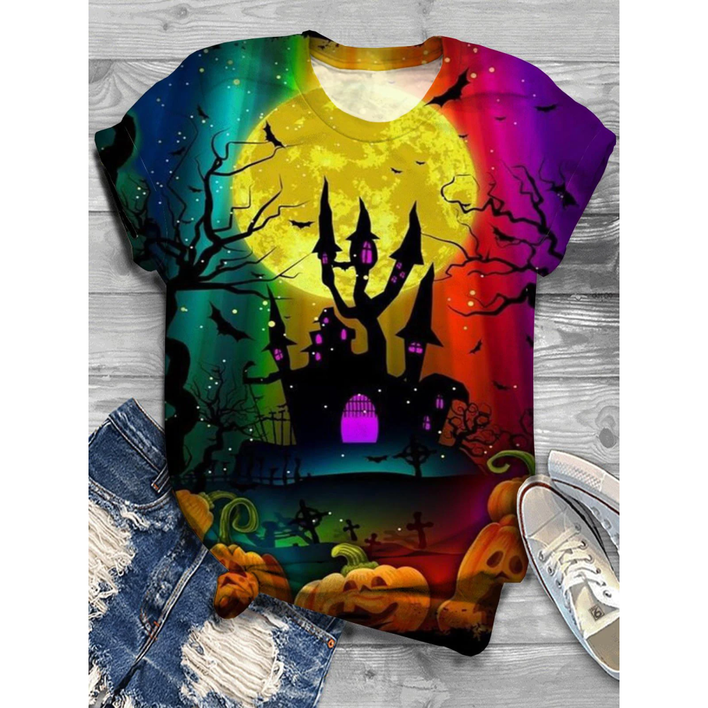Halloween Pumpkin Gradient Crew Neck T-shirt