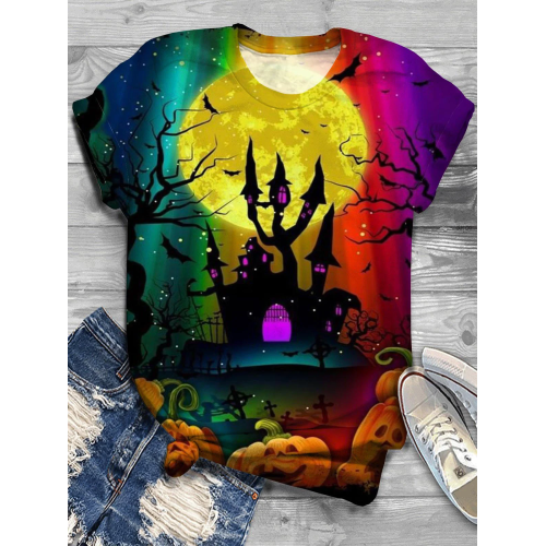 Halloween Pumpkin Gradient Crew Neck T-shirt