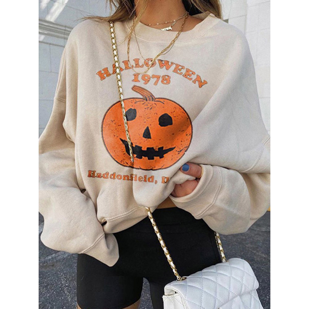 Halloween Pumpkin Print Crew Neck Sweatshirt