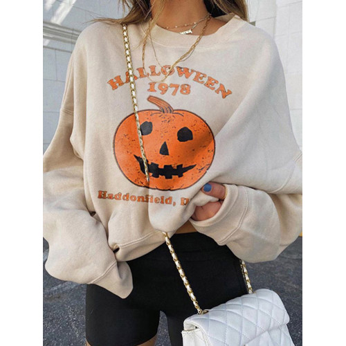 Halloween Pumpkin Print Crew Neck Sweatshirt