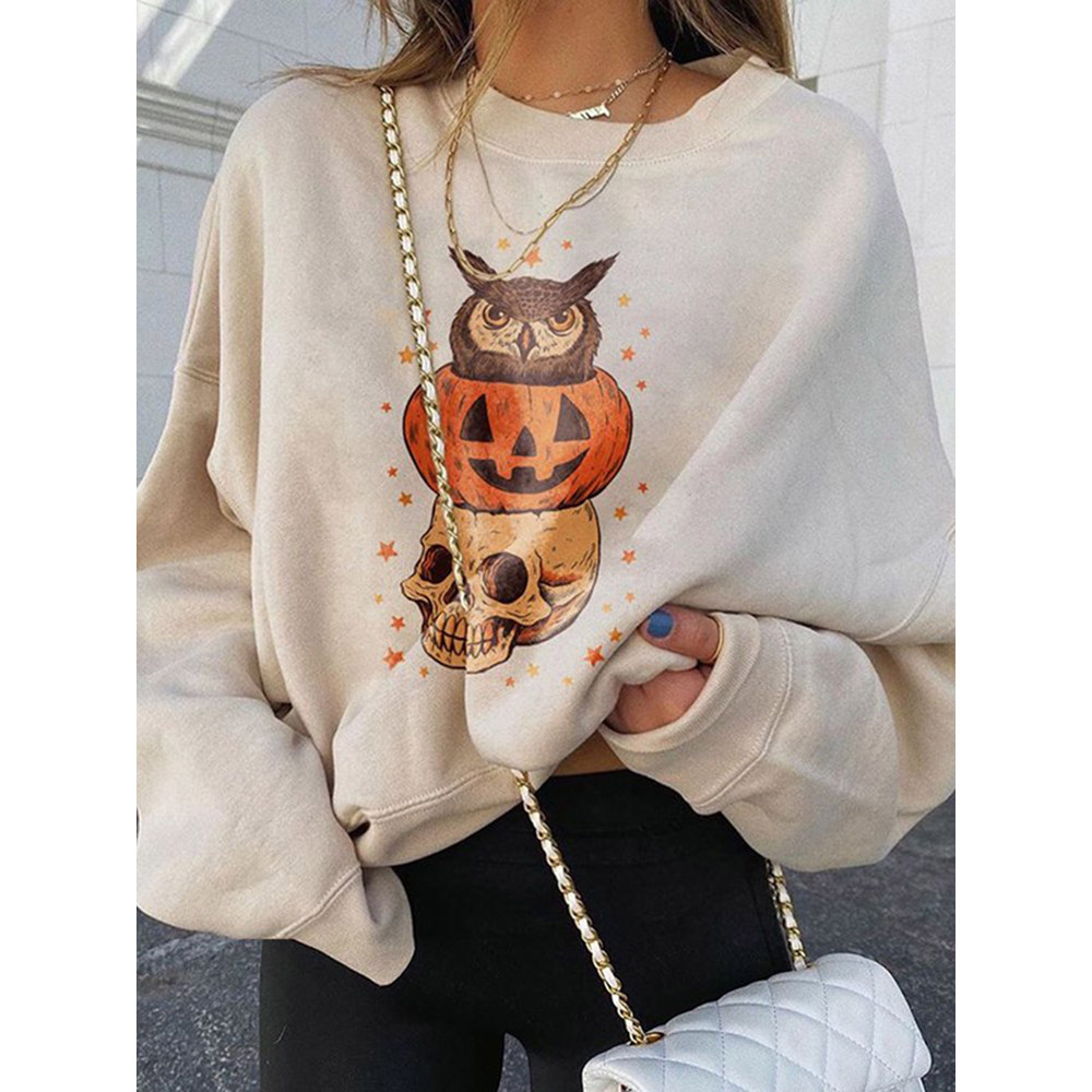 Halloween Pumpkin Skull Print Casual Sweatshirt