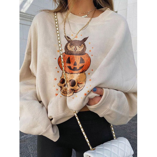 Halloween Pumpkin Skull Print Casual Sweatshirt