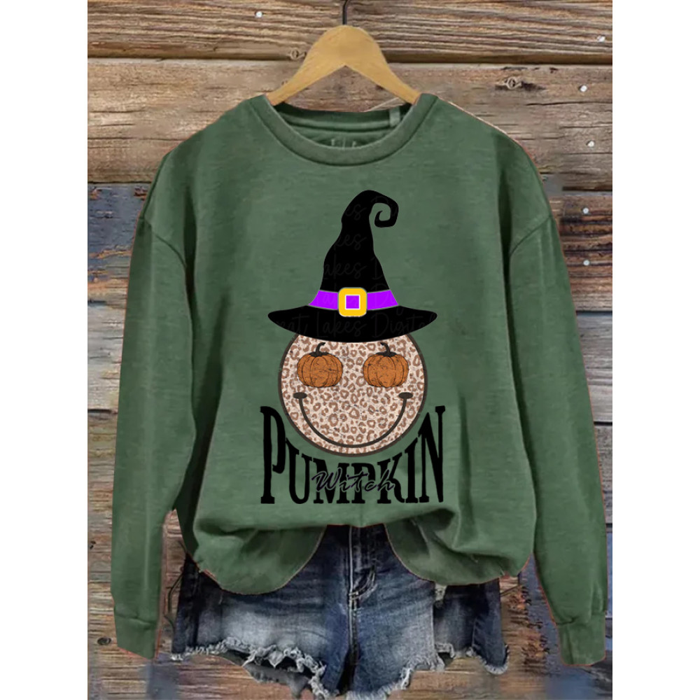 Halloween Pumpkin Witch Smile Print Sweatshirt