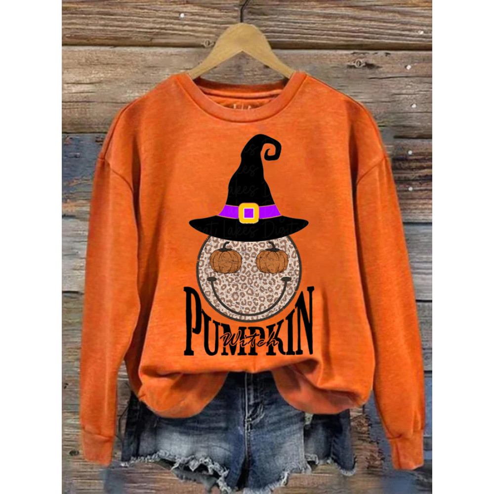 Halloween Pumpkin Witch Smile Print Sweatshirt