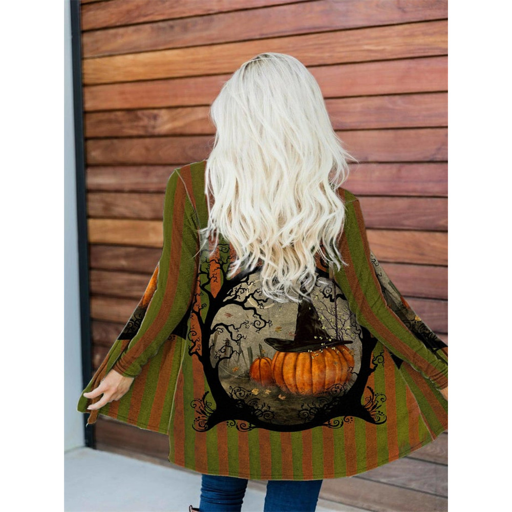 Halloween Pumpkins Graphic Striped Cardigan