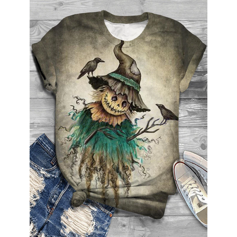 Halloween Scarecrow Bird Crew Neck T-Shirt
