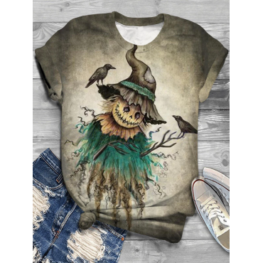 Halloween Scarecrow Bird Crew Neck T-Shirt