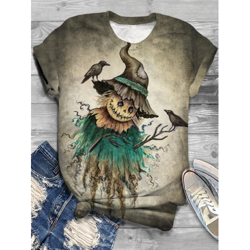 Halloween Scarecrow Bird Crew Neck T-Shirt