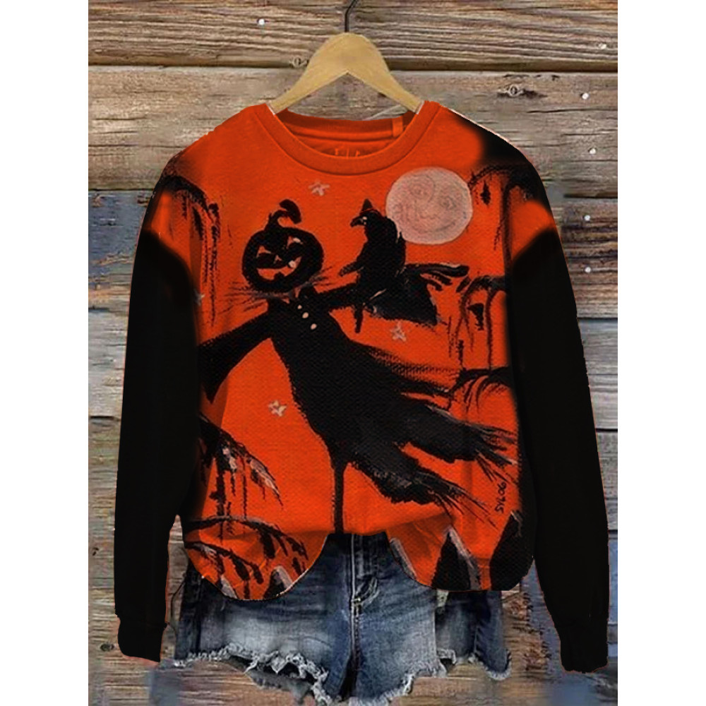 Halloween Scary Crow Moon Face Pumpkin Spooky Cat Print Sweatshirt