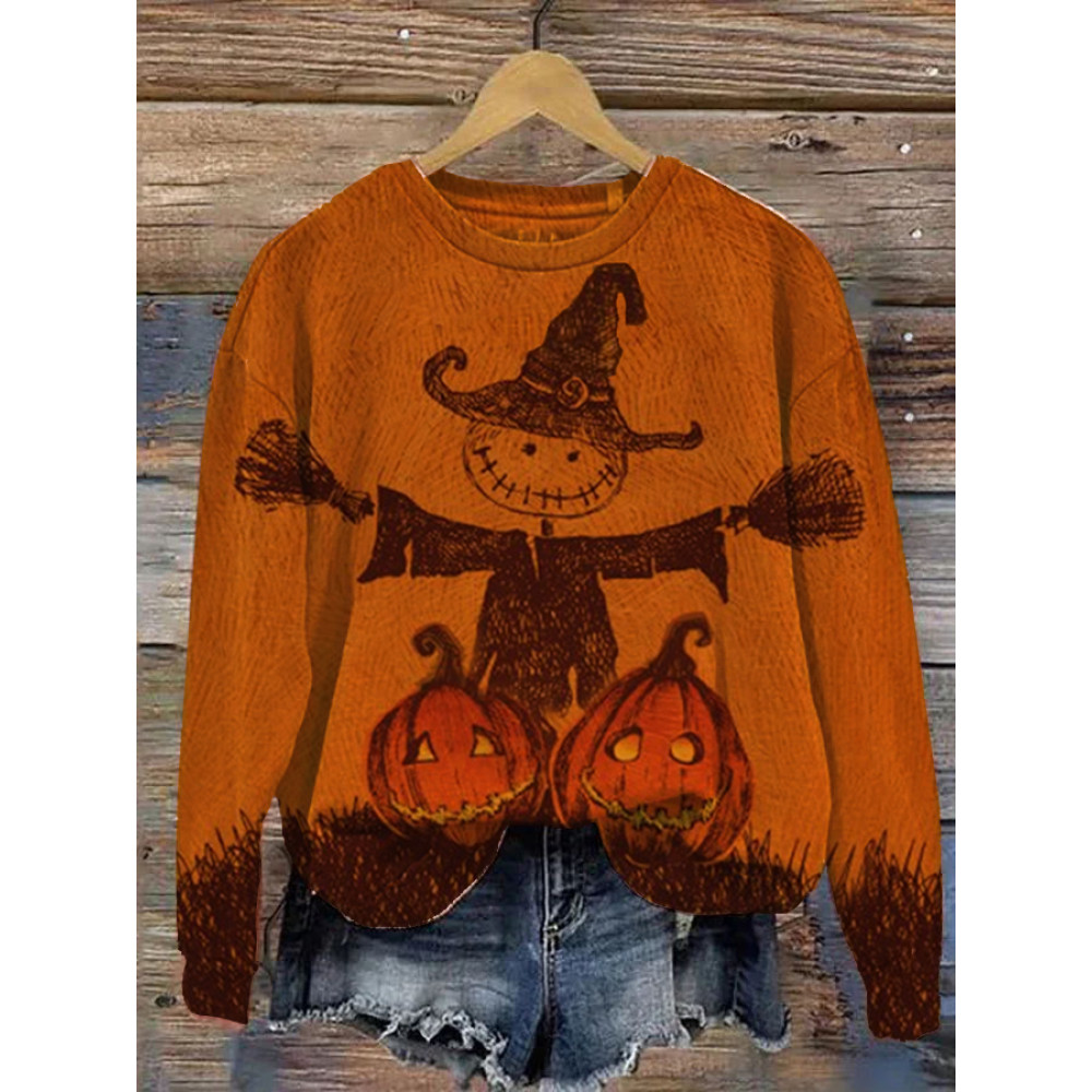 Halloween Scary Pumpkin Scarecrow Print Sweatshirt