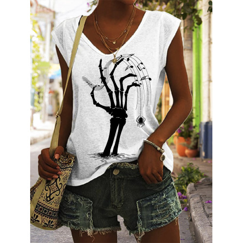 Halloween Skeleton Hand Music Stave Print V Neck Tank Top