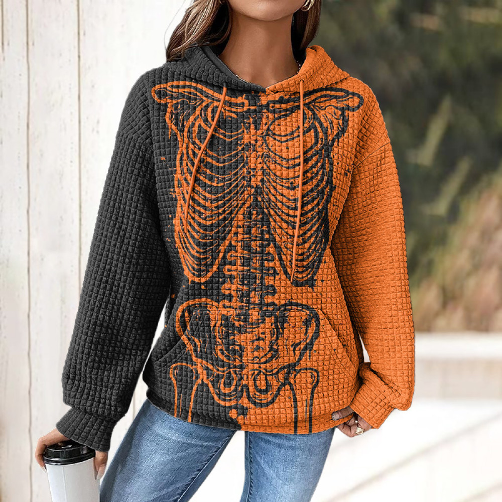 Halloween Skeleton Pattern Panel Pocket Hoodie