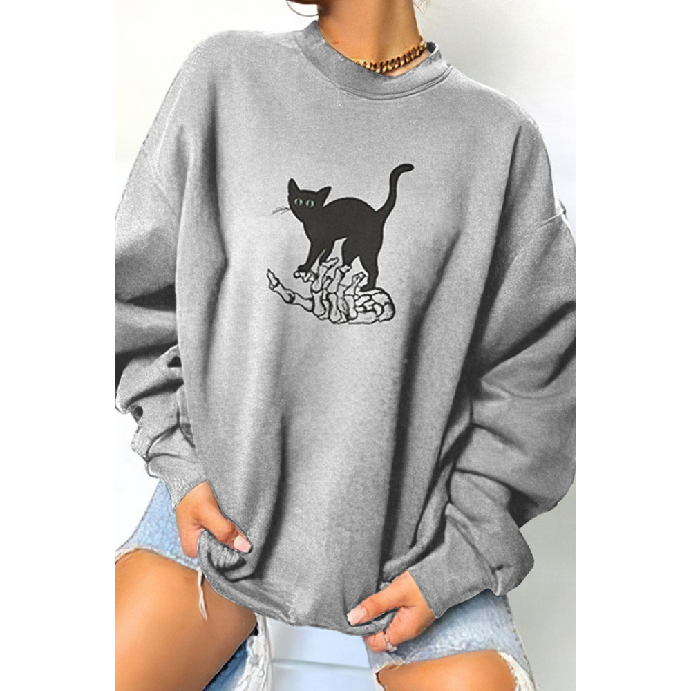 Halloween Skull Cat Print Sweatshirt