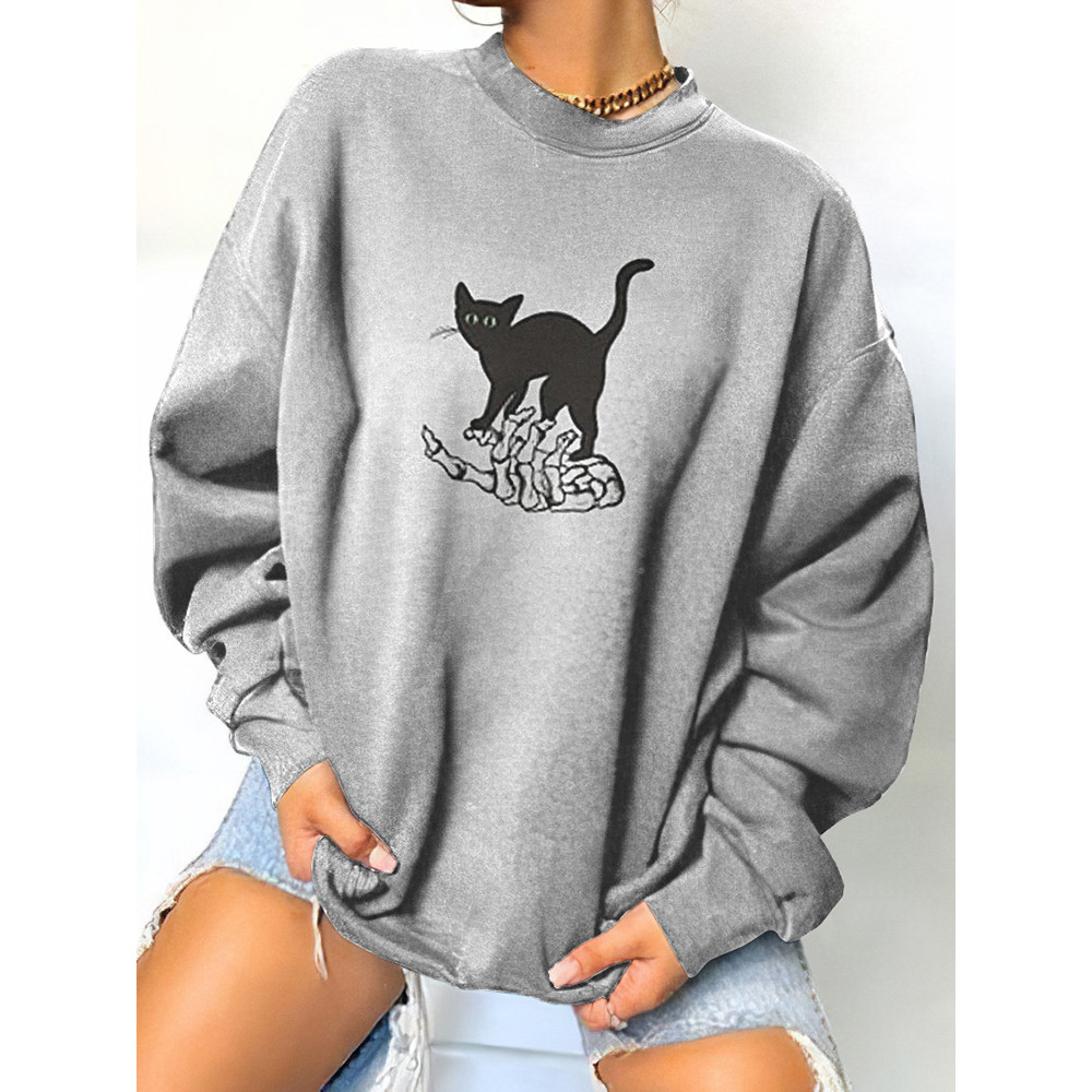 Halloween Skull Cat Print Sweatshirt