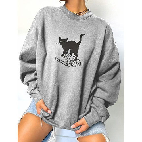 Halloween Skull Cat Print Sweatshirt