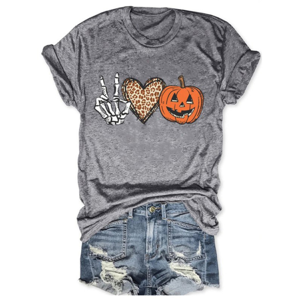 Halloween Skull Hand Heart Pumpkin Print Crew Neck Casual T Shirt