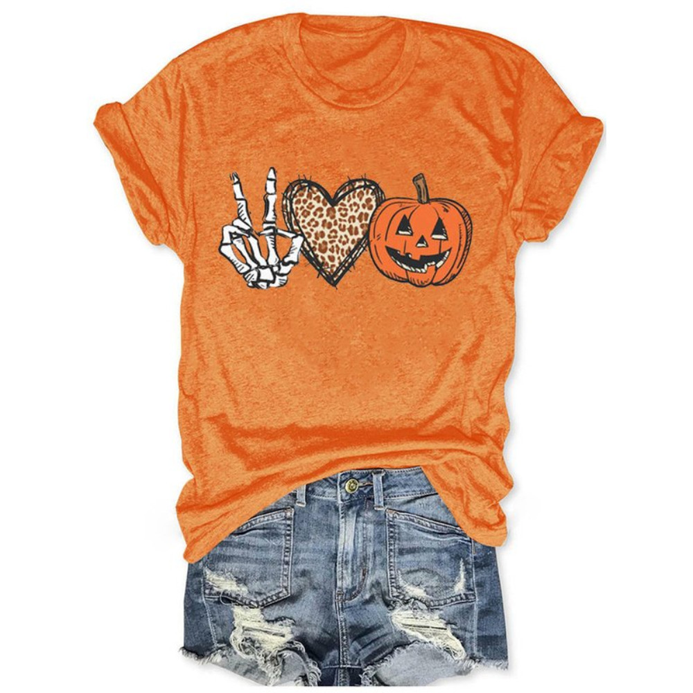 Halloween Skull Hand Heart Pumpkin Print Crew Neck Casual T Shirt