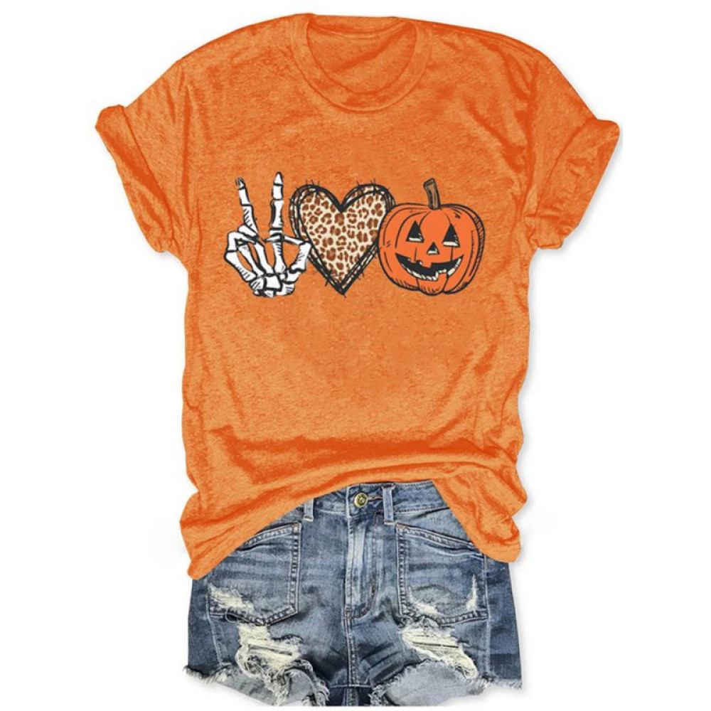 Halloween Skull Hand Heart Pumpkin Print Crew Neck Casual T Shirt