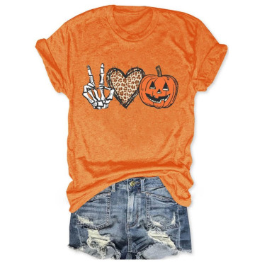 Halloween Skull Hand Heart Pumpkin Print Crew Neck Casual T Shirt