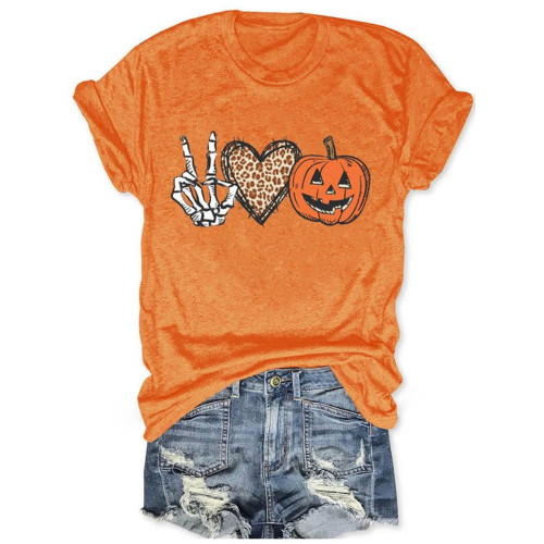 Halloween Skull Hand Heart Pumpkin Print Crew Neck Casual T Shirt