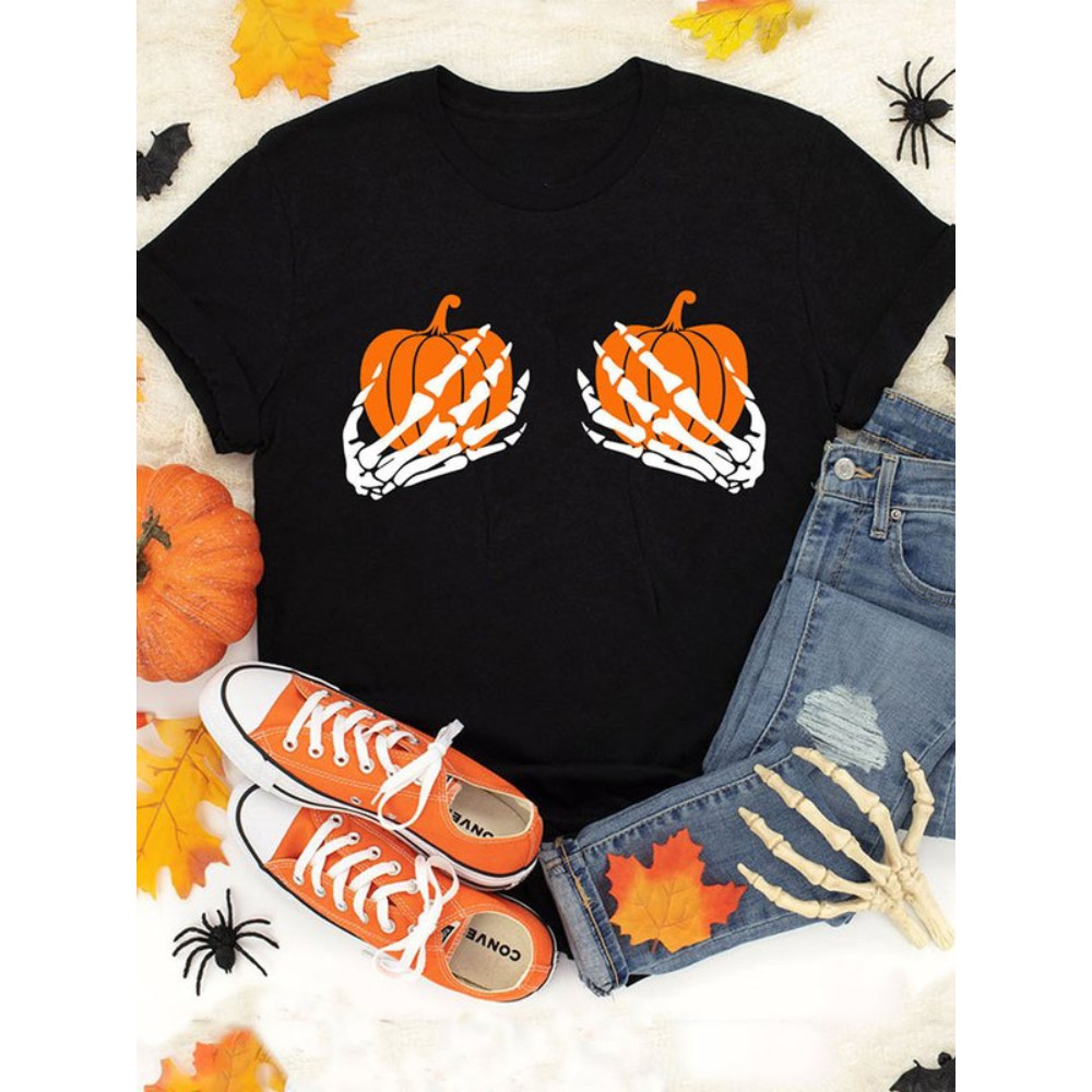 Halloween Skull Hand Pumpkin Print Casual Short Sleeve T Shirt