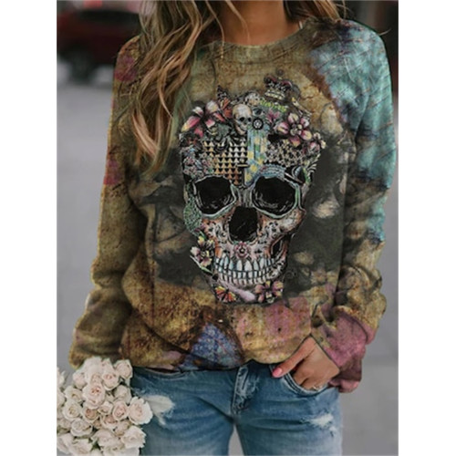 Halloween Skull Print Crew Neck Sweatshirt