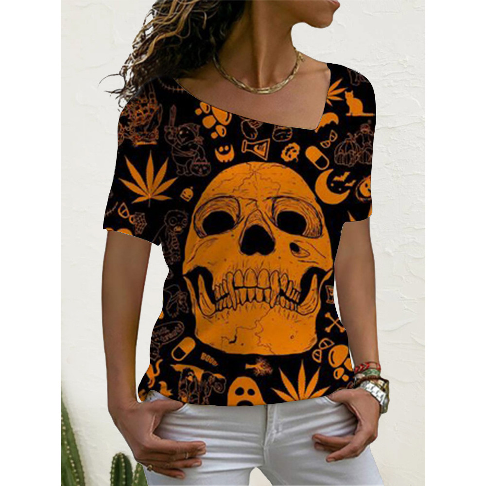 Halloween Skull Print V Neck T Shirt