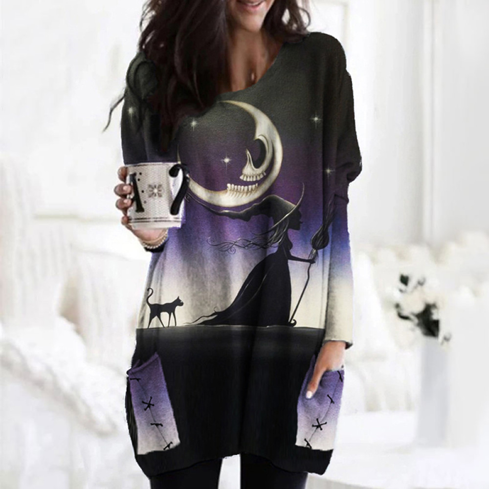 Halloween Spooky Night Witch Patch Pocket Tunic