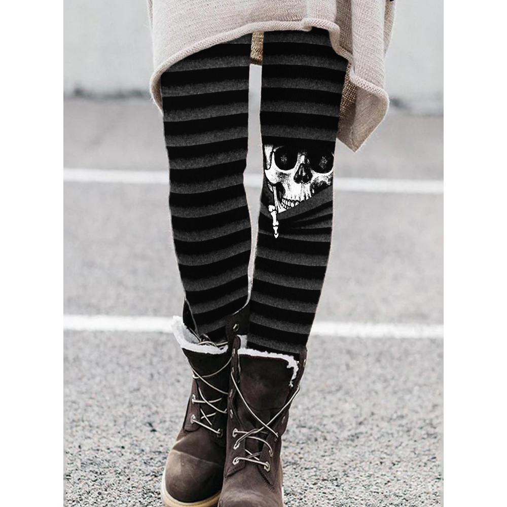 Halloween Spooky Peeking Skeleton Striped Leggings