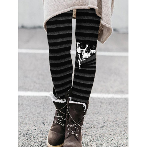 Halloween Spooky Peeking Skeleton Striped Leggings