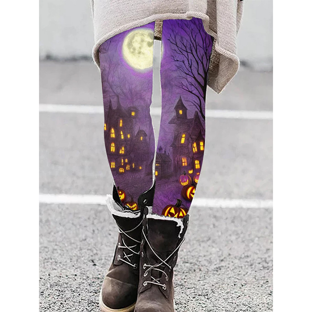 Halloween Town Night Art Casual Leggings