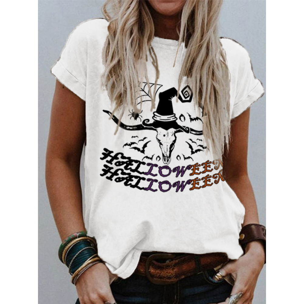 Halloween Western Horn Witch Hat Print T-Shirt