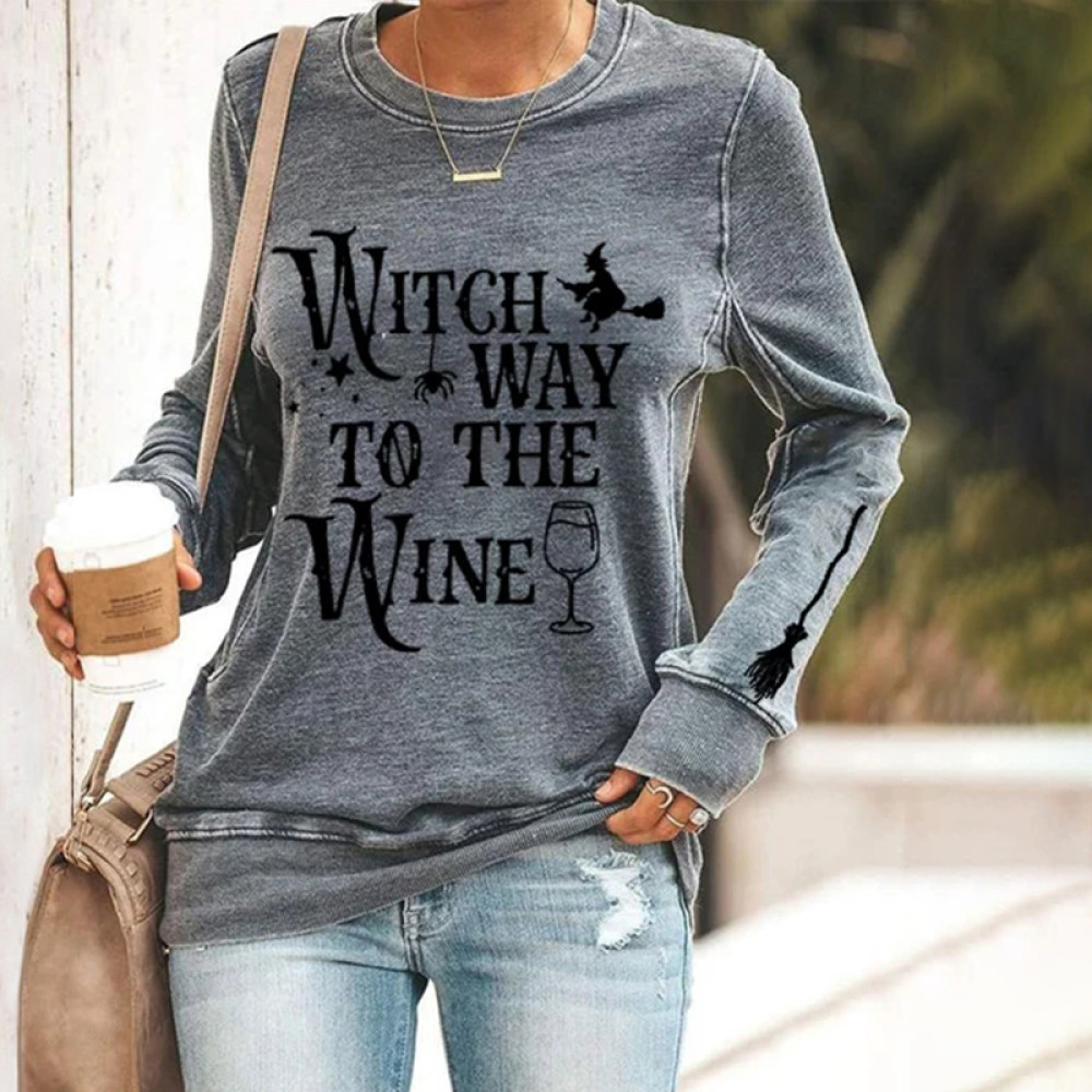 Halloween Wicth Way To The Wine Print Sweatshirt