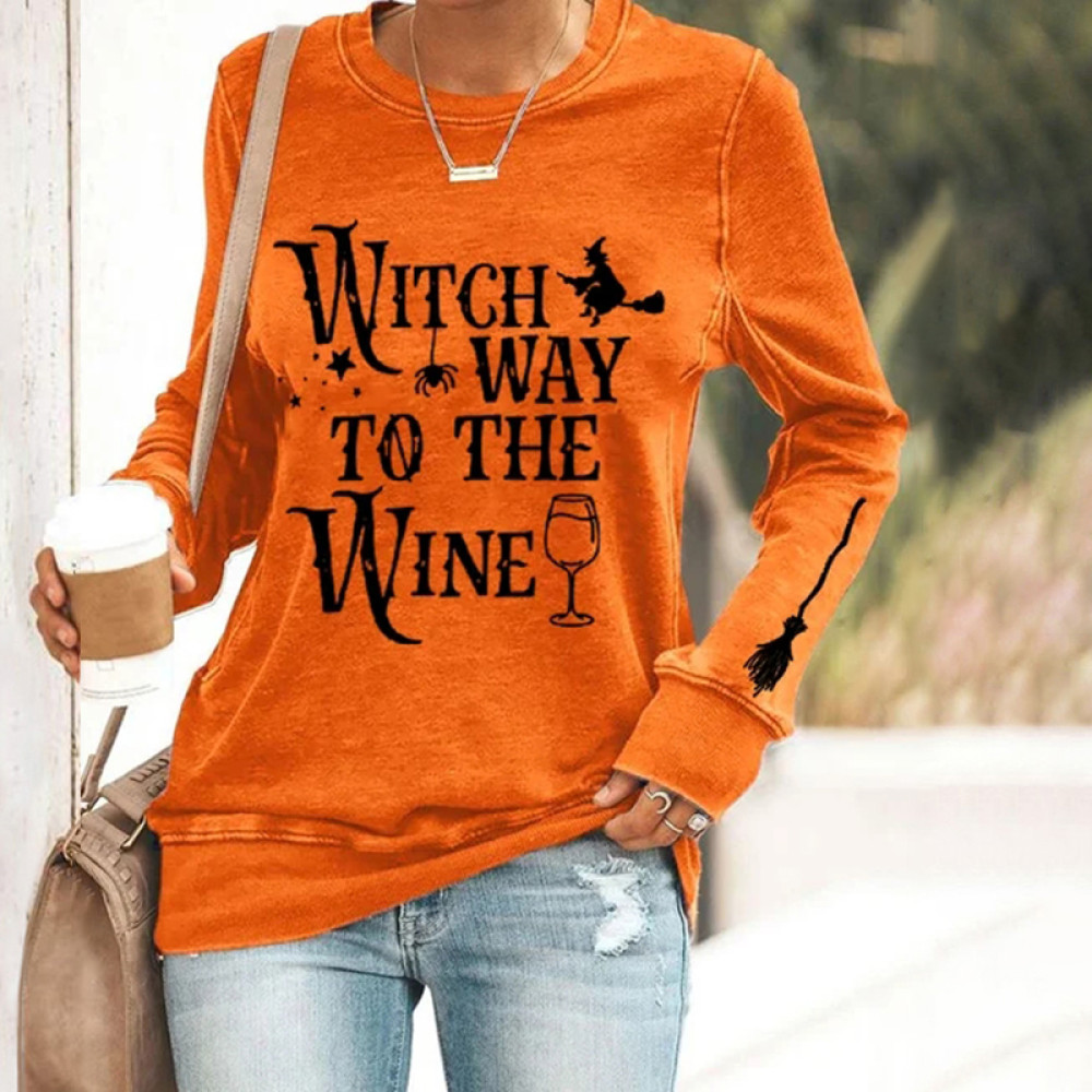 Halloween Wicth Way To The Wine Print Sweatshirt