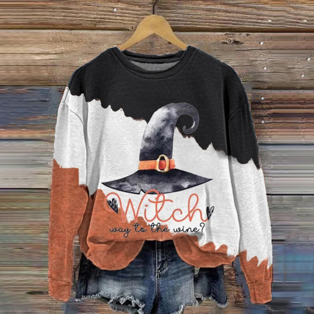 Halloween Wicth Way To The Wine Print Sweatshirt
