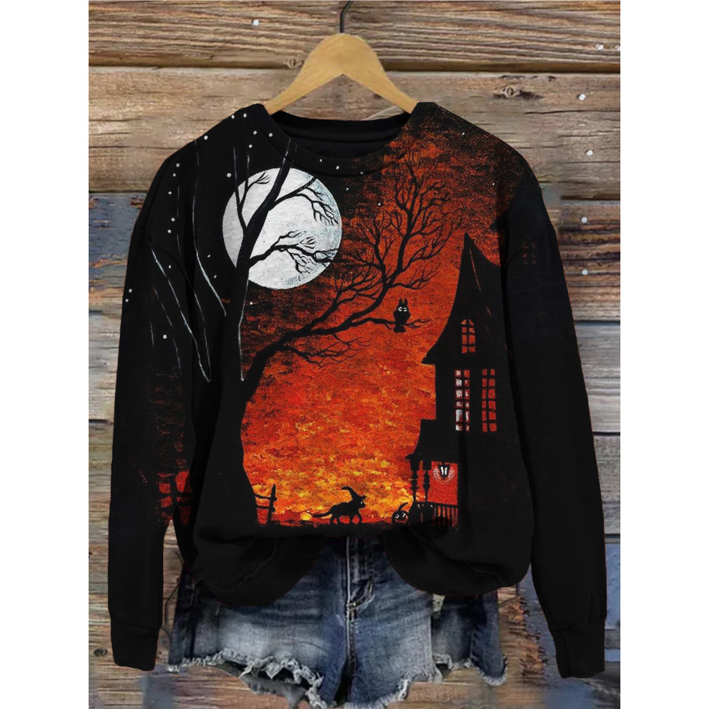 Halloween Witch Black Cat Haunted House Art Sweatshirt